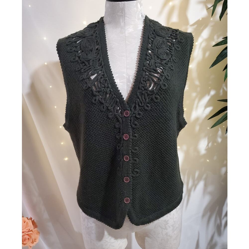 Vtg Koret Crochet Knit Wool Blend Button Sweater Vest Size MP Green Cottagecore